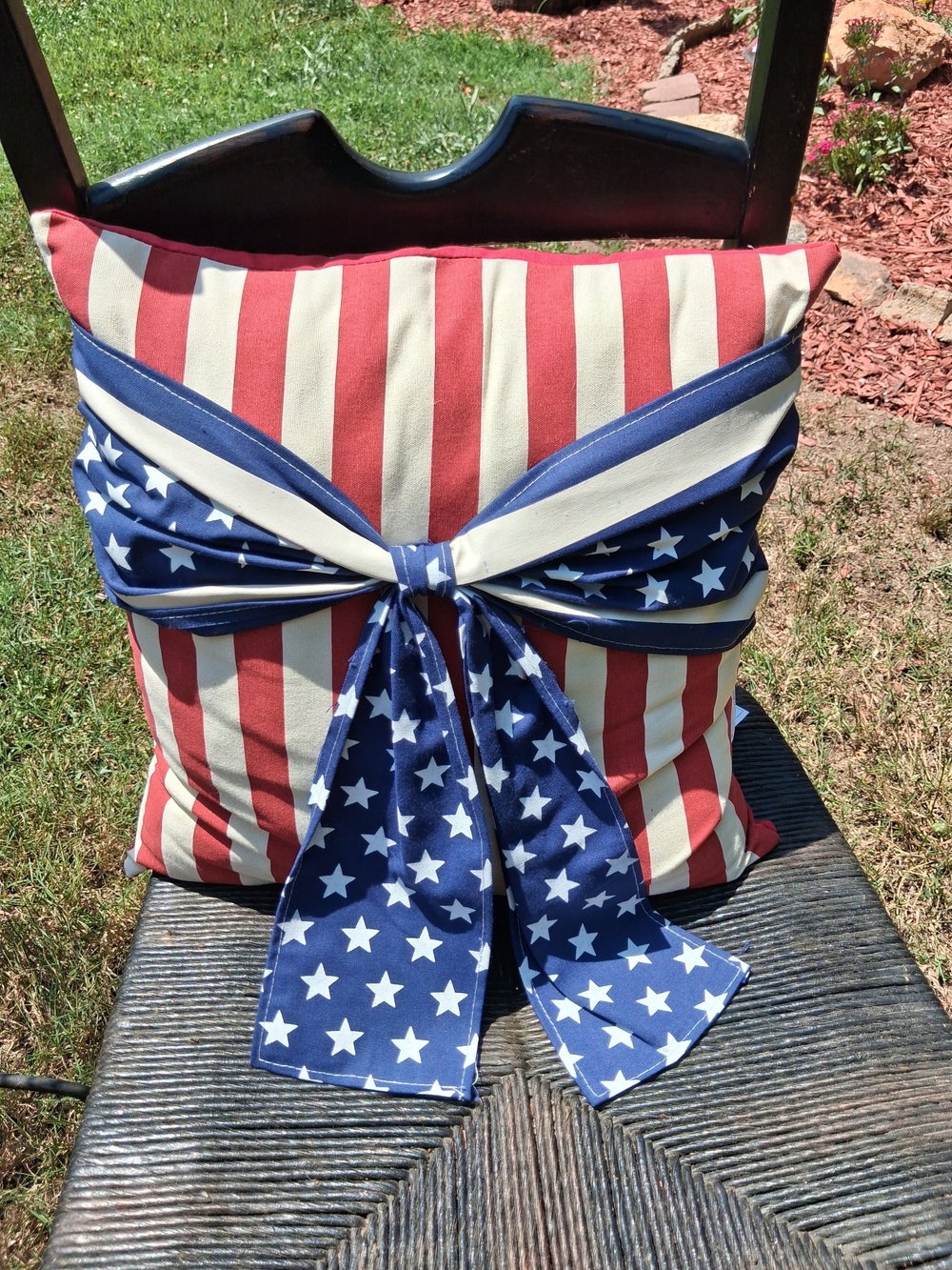 Patriotic Stars & Stripes Decorative Pillow with Bow
